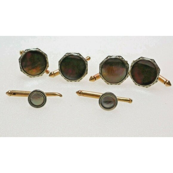 Antique Art Deco Era Larter 10K Gold Men's Dress Set Abalone Cuff Links & Studs - Picture 9 of 9
